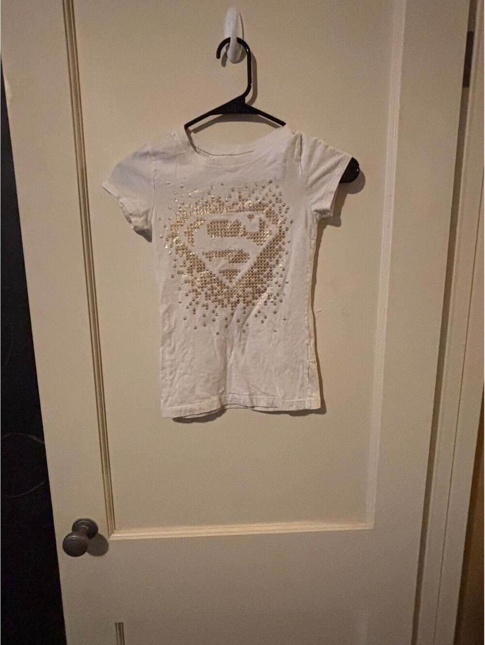 Nastia White Short Sleeve T-Shirt with Gold Studded Superman Logo